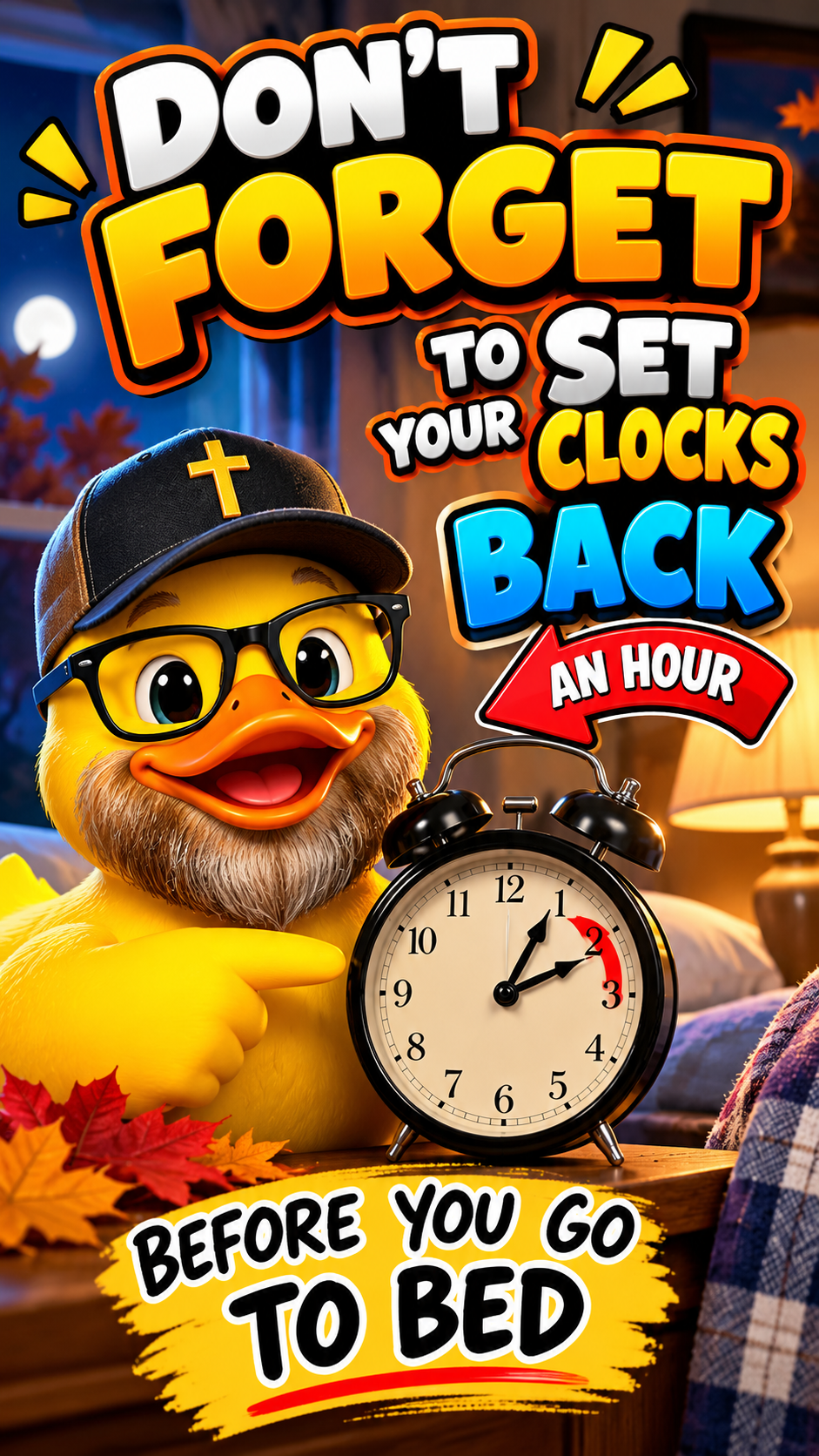 Fall Back: Day Light Saving Time Ends Set your clocks back and hour before going to bed.